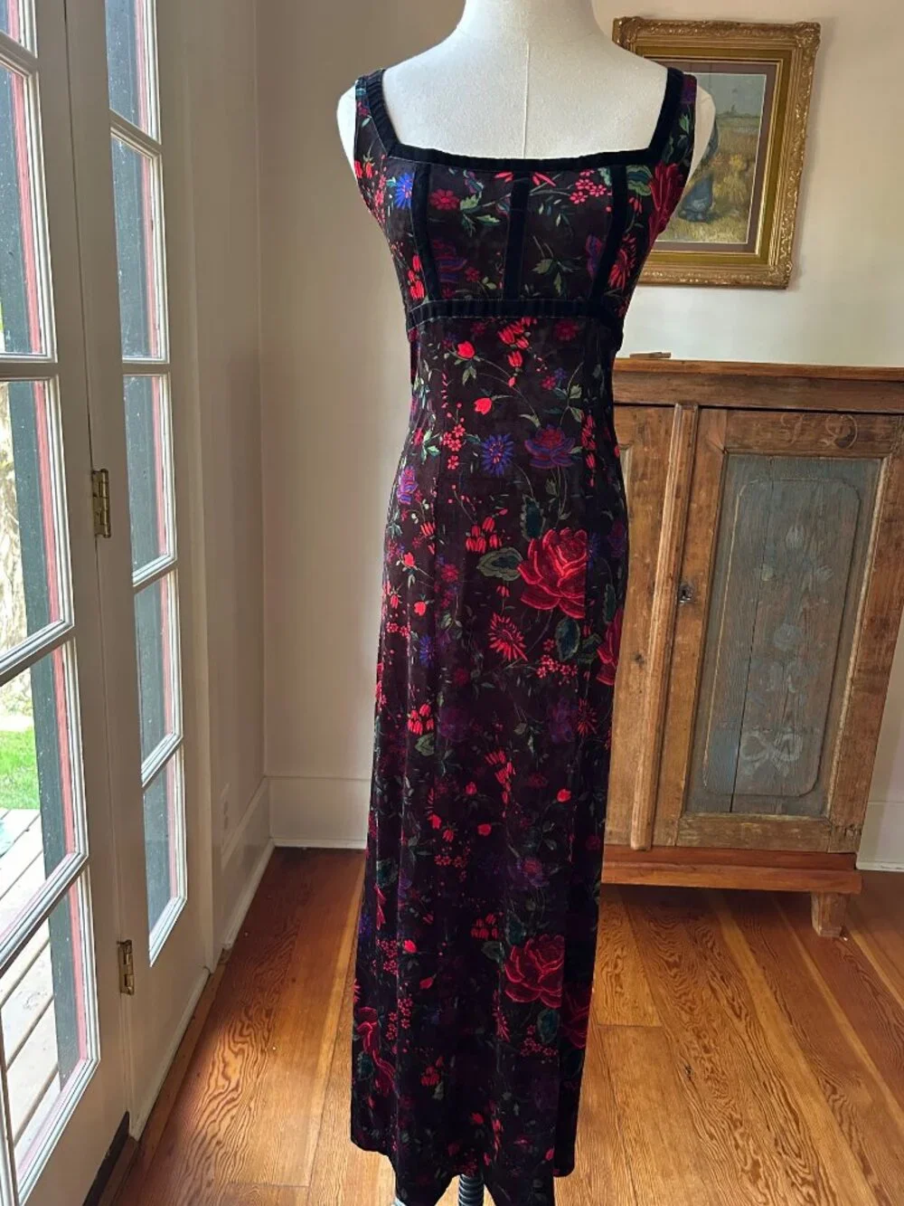Vintage Betsey Johnson New York Velvet Floral Maxi Dress - Picture 2 of 8